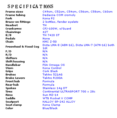 Kona Paddy Wagon Specifications