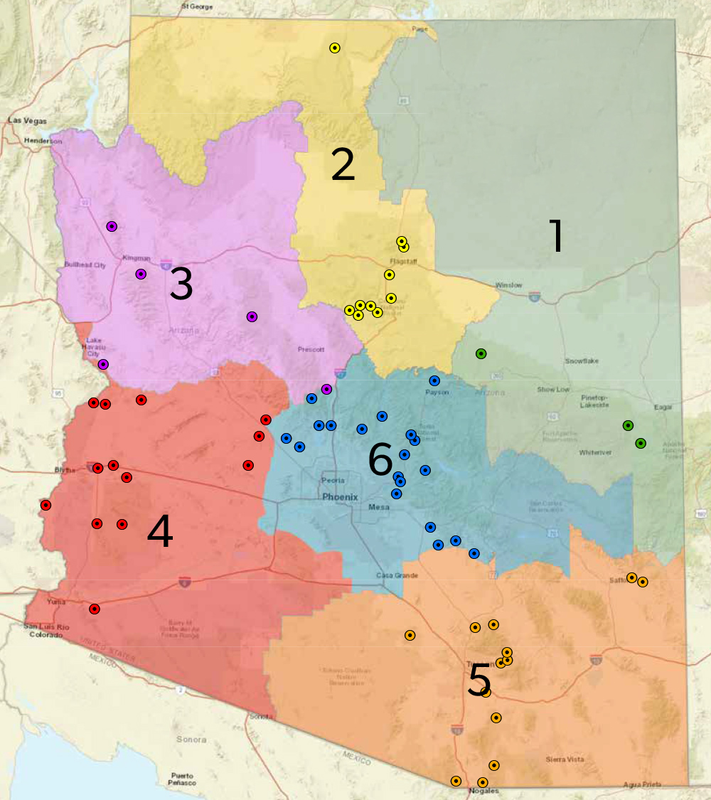 Map of Arizona divided into six color-coded regions numbered 1 to 6, with multiple colored dots scattered across each region representing locations.