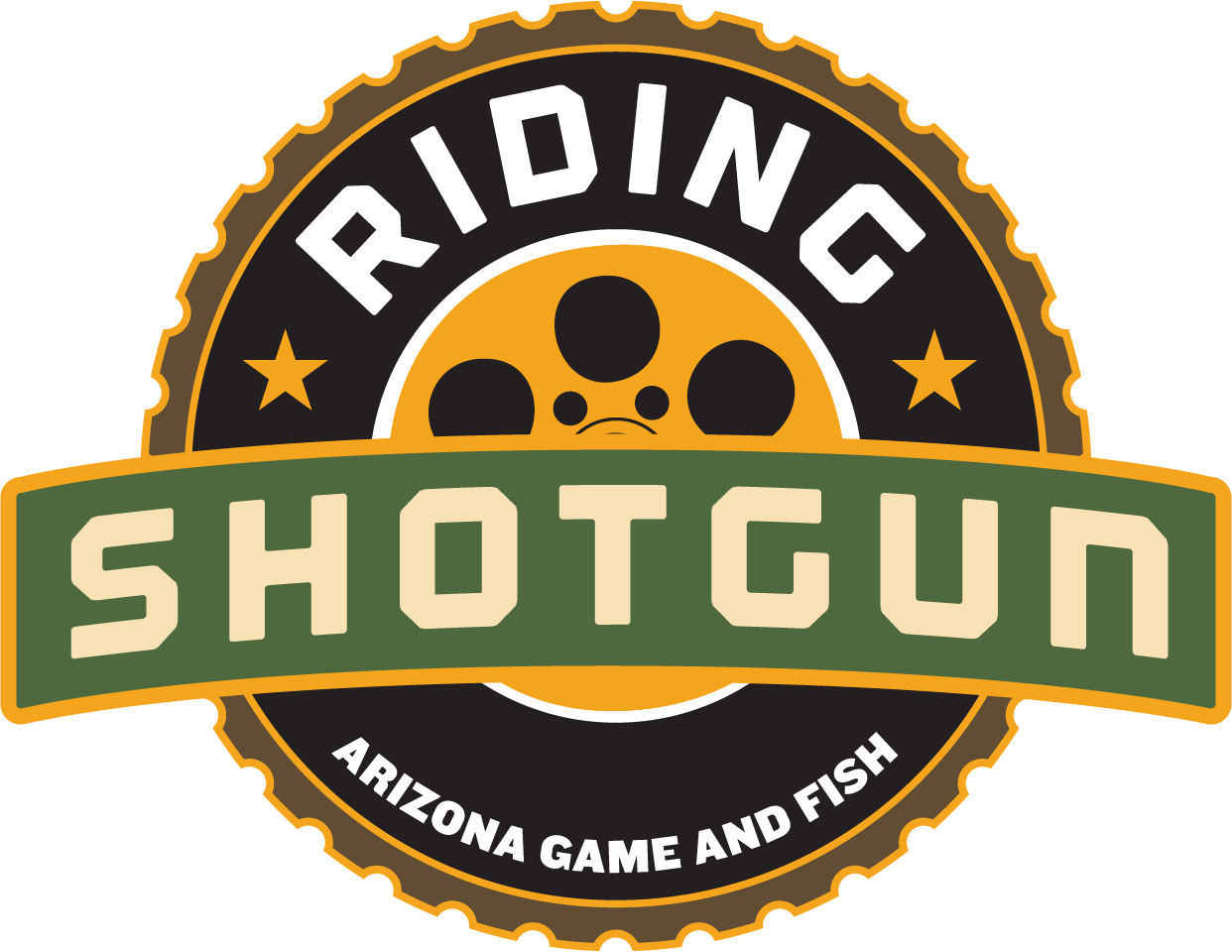 Round logo with a shotgun shell edge, text 'Riding Shotgun' and 'Arizona Game and Fish' around a yellow shotgun shell base.
