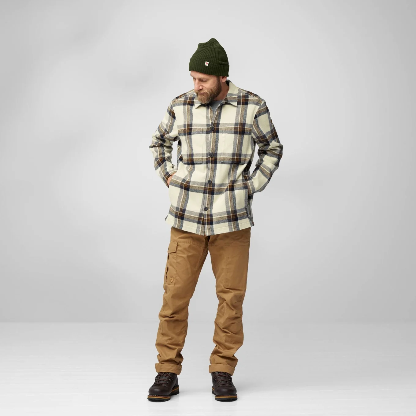man wearing a checked overshirt by Fjallraven