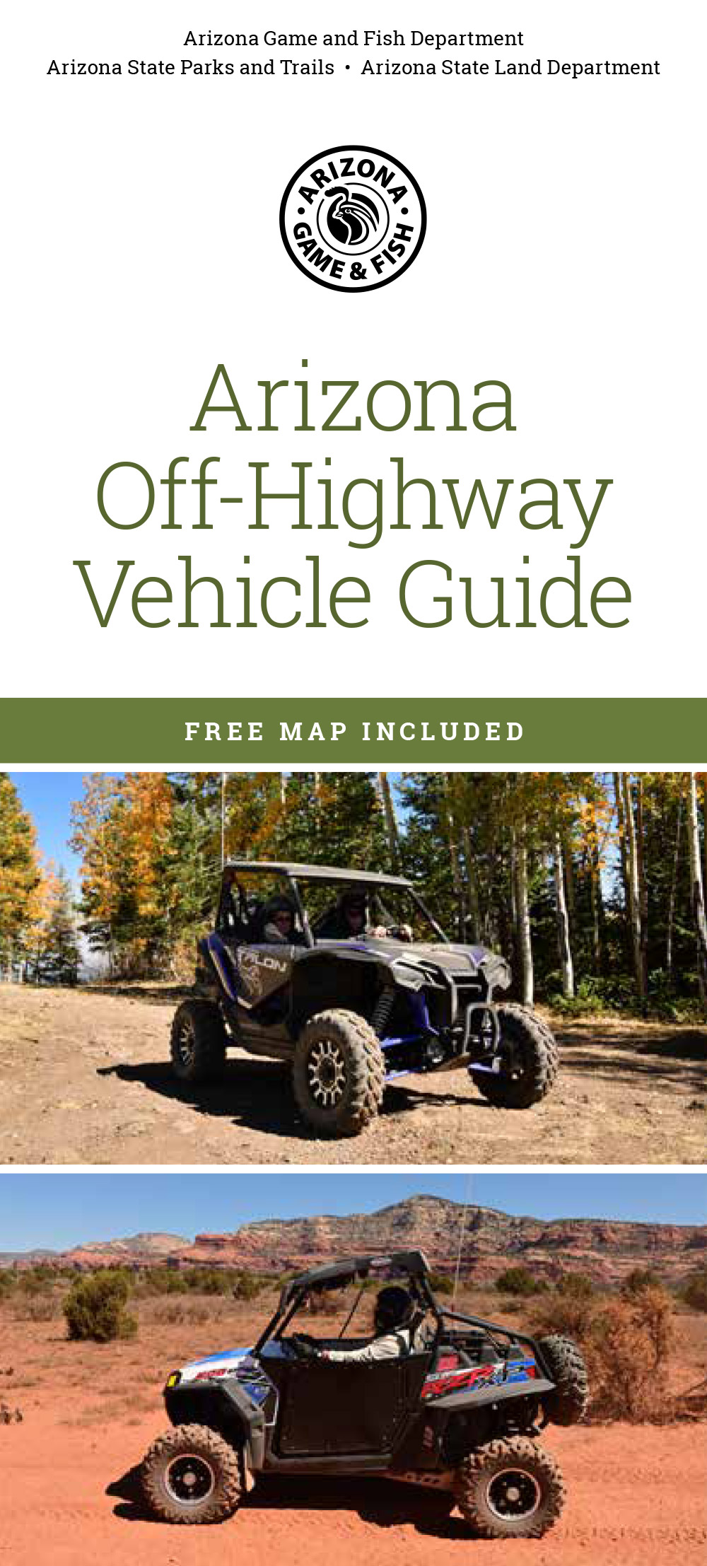 Cover of Arizona Off-Highway Vehicle Guide featuring two off-road vehicles in desert and forest landscapes with a free map included.