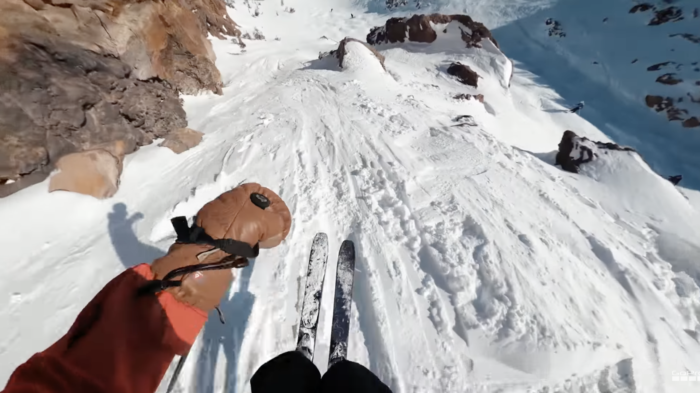 Chris Benchetler skiing at Mammoth Mountain steep run